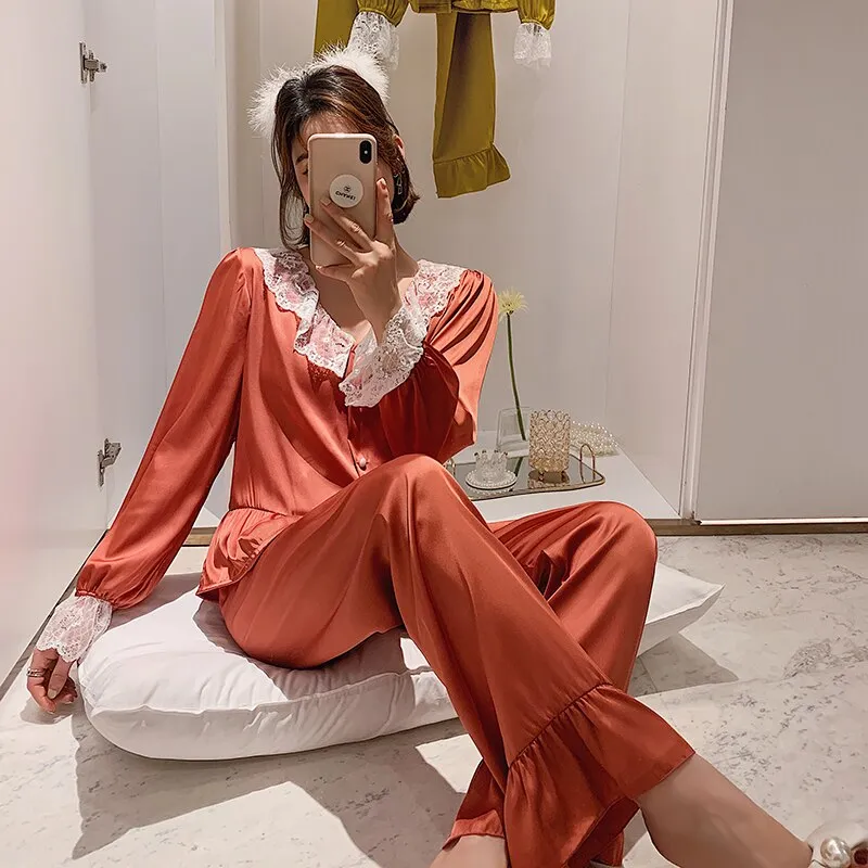 Wenkouban High Quality Women's Pajamas Set Court Style Ruffle and Lace Sleepwear Silk Like Nightie Leisure Home Clothes Nightwear