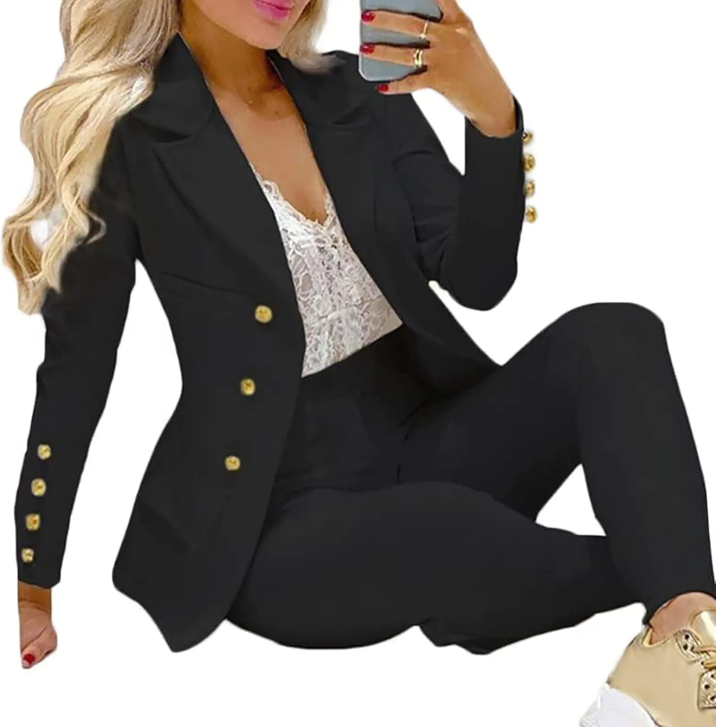 Women's 2 Piece Blazer Suits, Puff Sleeve Notch Lapel Blazer and Skirt Office Lady Business Casual Outfit