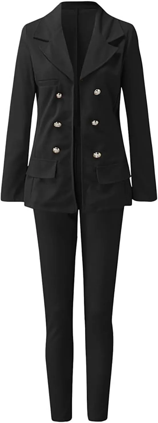 Women's 2 Piece Blazer Suits, Puff Sleeve Notch Lapel Blazer and Skirt Office Lady Business Casual Outfit