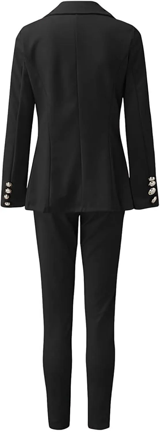 Women's 2 Piece Blazer Suits, Puff Sleeve Notch Lapel Blazer and Skirt Office Lady Business Casual Outfit