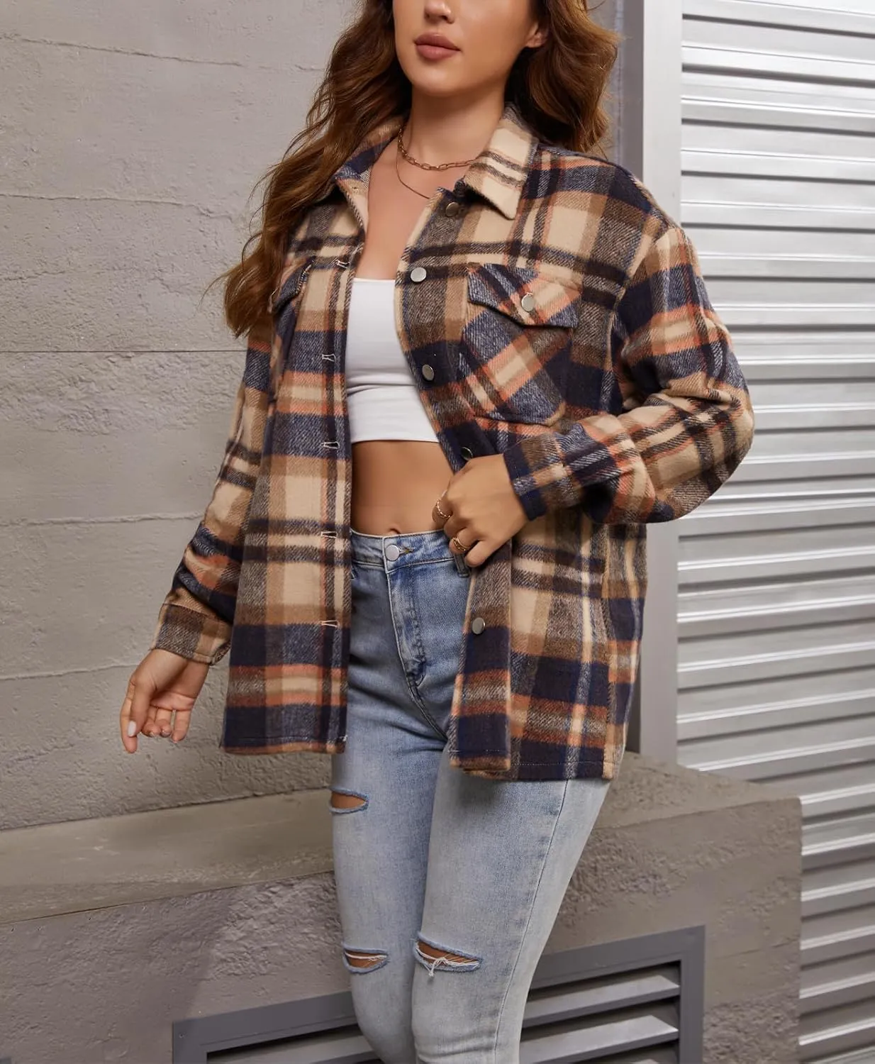 Womens Corduroy Button Down Shirt Long Sleeve Plaid Shackets Loose Business Casual Fashion Blouse Tops