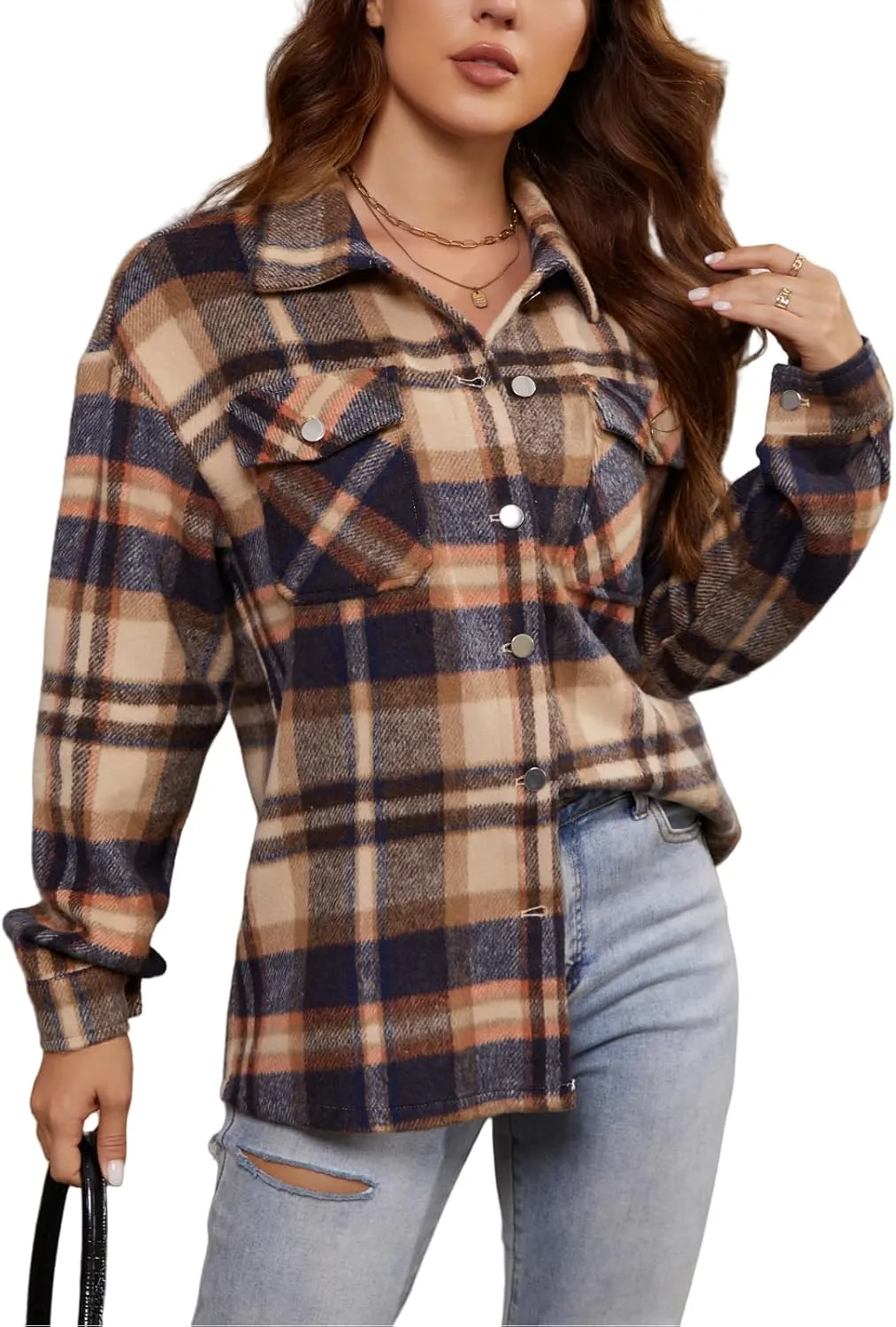 Womens Corduroy Button Down Shirt Long Sleeve Plaid Shackets Loose Business Casual Fashion Blouse Tops