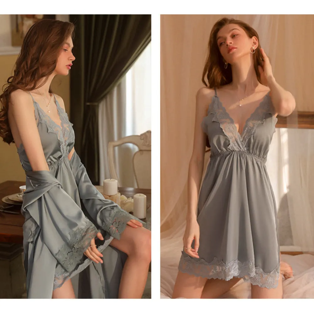 Women's Satin Lingerie with Robes Set 2 Piece Sexy Lace Cami Nightwear
