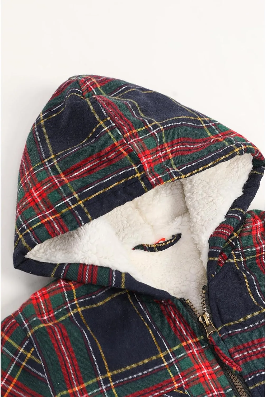 ZENTHACE Girls Sherpa Lined Full Zip Up Plaid Flannel Shirt Fuzzy Hooded Flannel Jacket with Hand Pockets