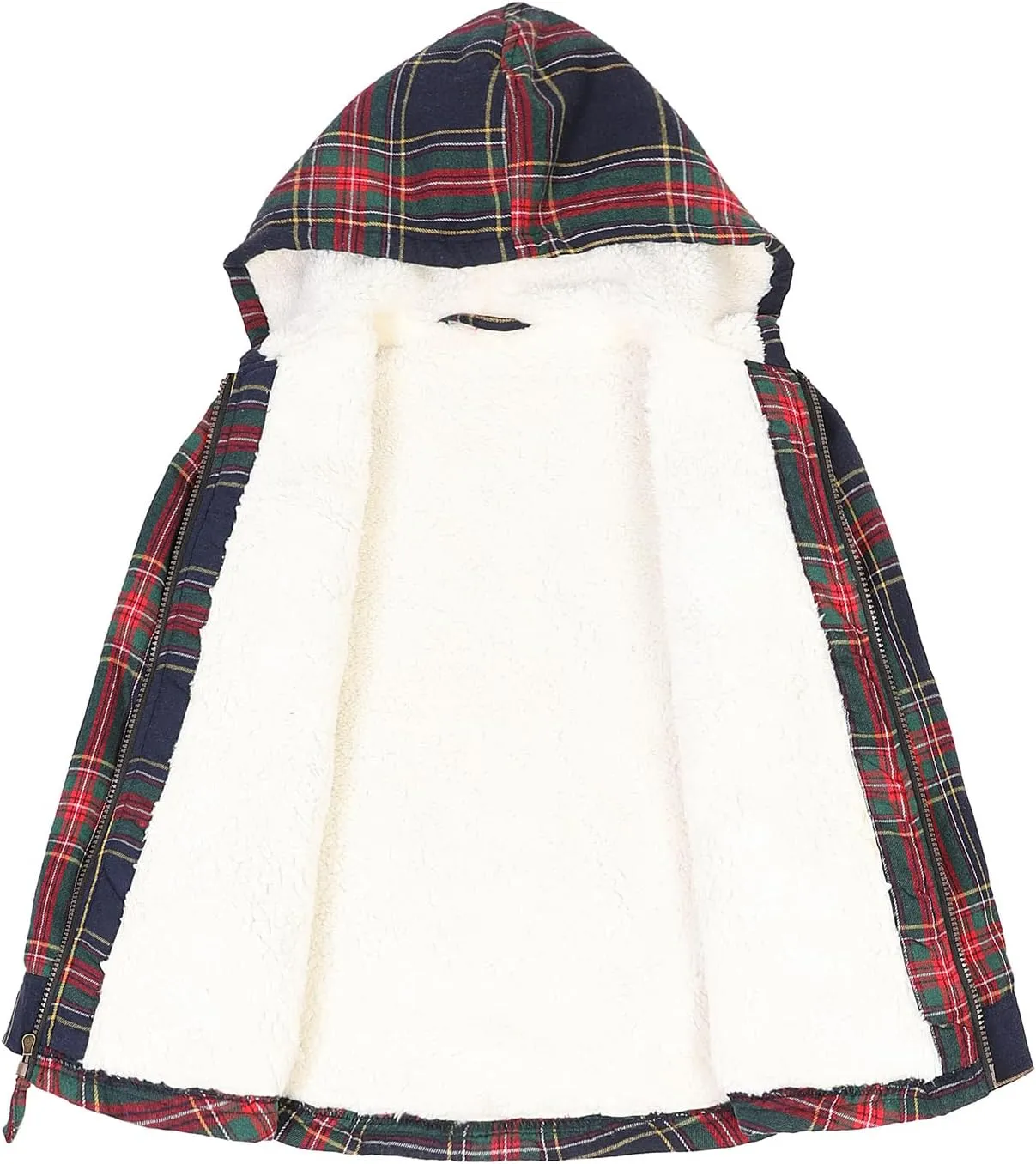 ZENTHACE Girls Sherpa Lined Full Zip Up Plaid Flannel Shirt Fuzzy Hooded Flannel Jacket with Hand Pockets