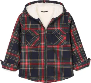 ZENTHACE Girls Sherpa Lined Full Zip Up Plaid Flannel Shirt Fuzzy Hooded Flannel Jacket with Hand Pockets