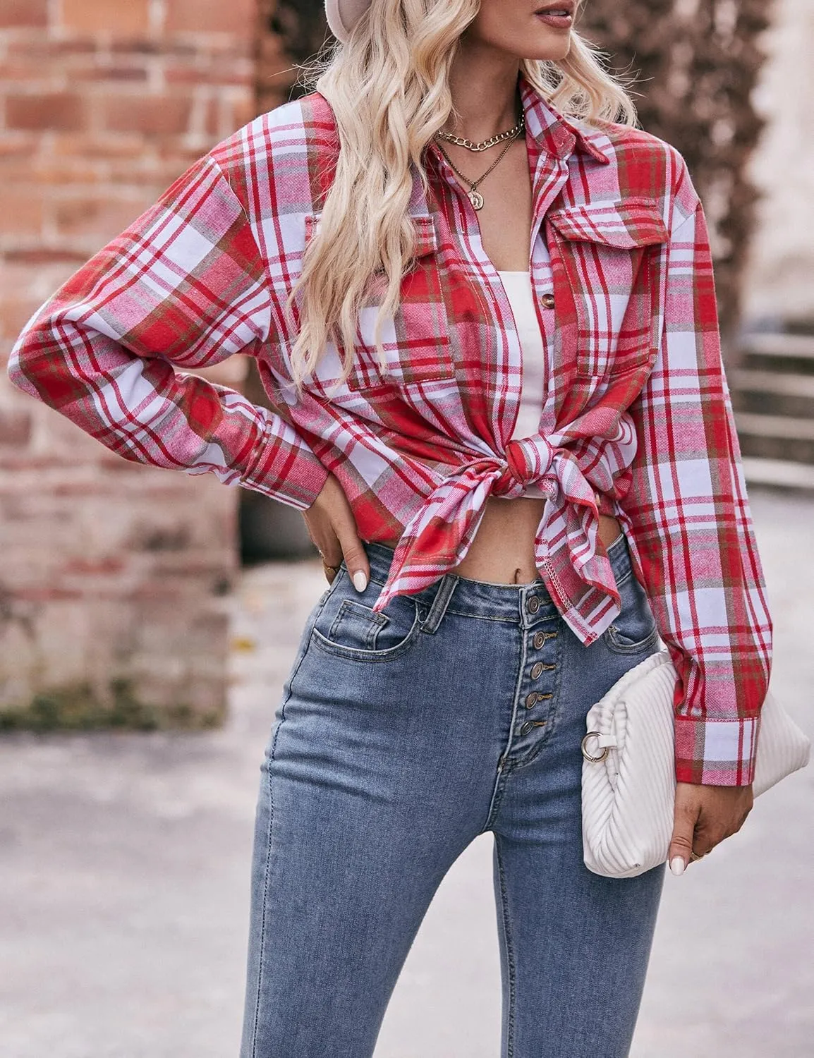 ZILIN Oversized Womens Flannel Plaid Shirts Long Sleeve Button Down Shirt Casual Work Tops