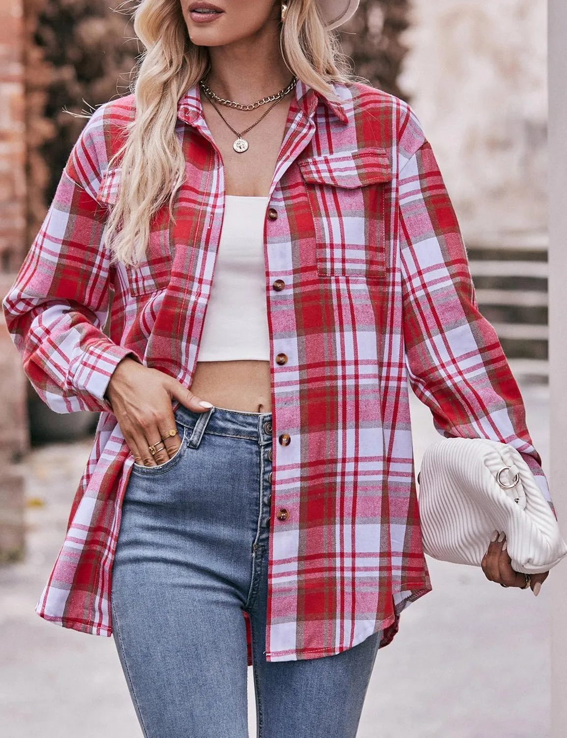ZILIN Oversized Womens Flannel Plaid Shirts Long Sleeve Button Down Shirt Casual Work Tops
