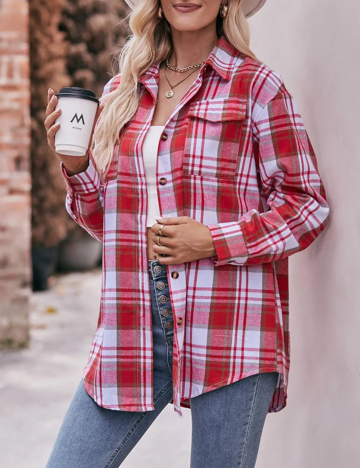 ZILIN Oversized Womens Flannel Plaid Shirts Long Sleeve Button Down Shirt Casual Work Tops