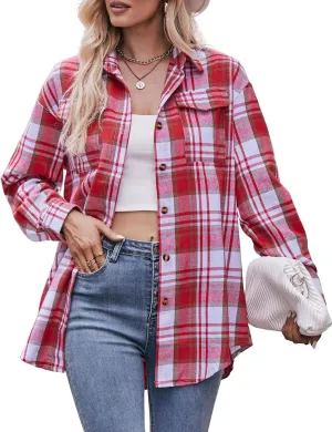 ZILIN Oversized Womens Flannel Plaid Shirts Long Sleeve Button Down Shirt Casual Work Tops