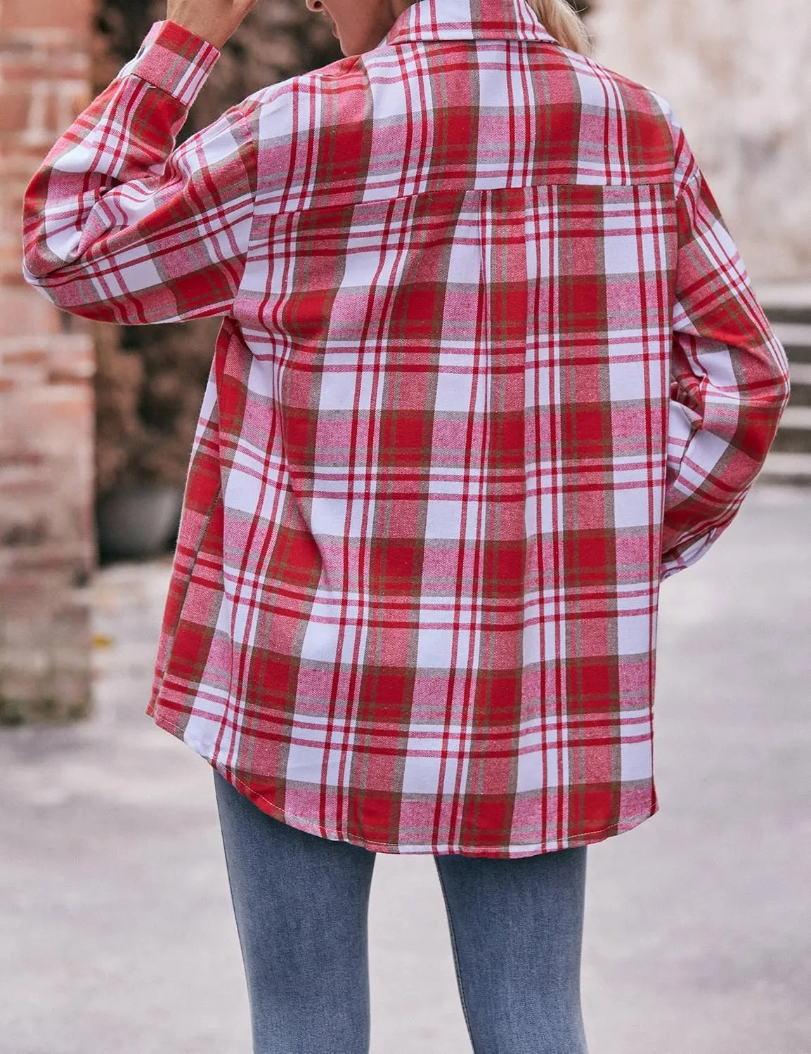 ZILIN Oversized Womens Flannel Plaid Shirts Long Sleeve Button Down Shirt Casual Work Tops