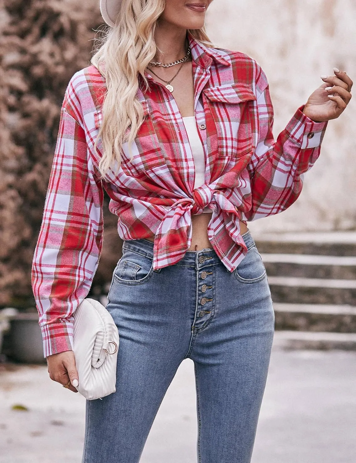 ZILIN Oversized Womens Flannel Plaid Shirts Long Sleeve Button Down Shirt Casual Work Tops