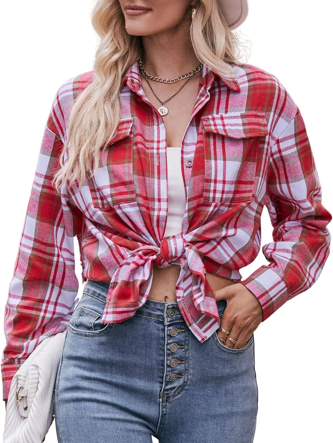 ZILIN Oversized Womens Flannel Plaid Shirts Long Sleeve Button Down Shirt Casual Work Tops